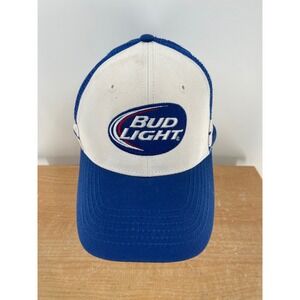 Bud Light Blue White Mesh Snapback Trucker Hat Beer Promo Racing Stripe Cap